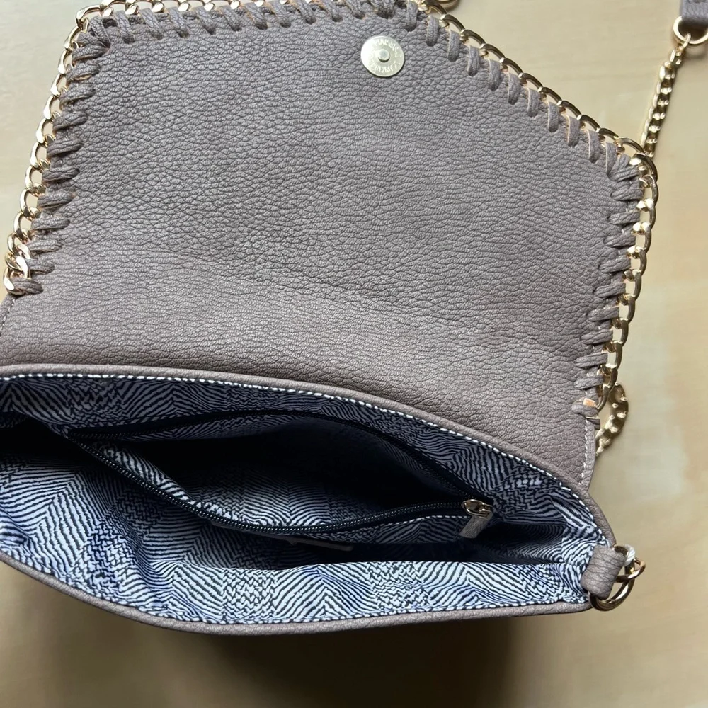 MMS Design Studio Taupe Crossbody Bag with Gold-Tone Chain & Whipstitch Trim - Picture 9 of 10